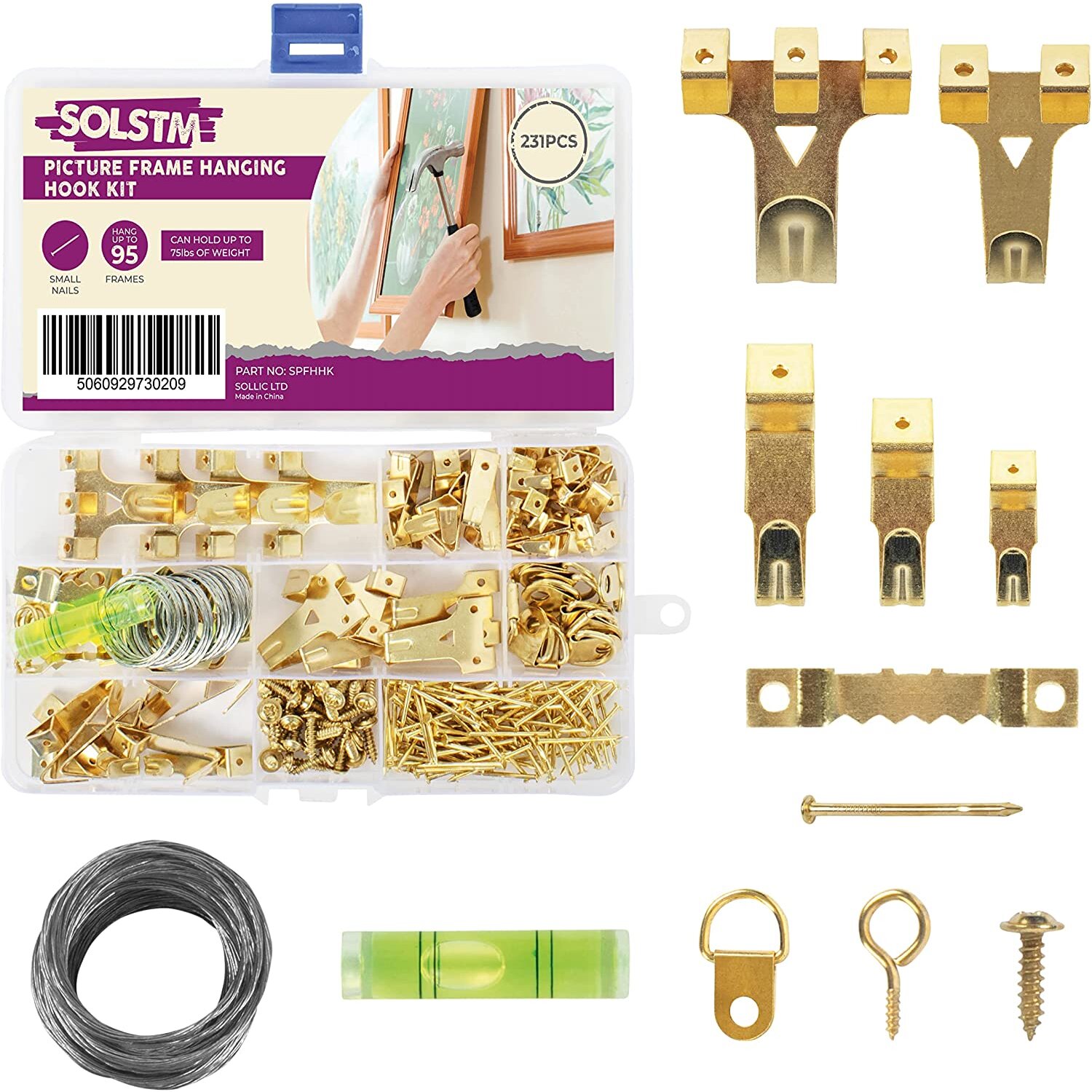 SOLSTM Picture Hanging Kit 231PCS - Heavy Duty Picture Hanging Hooks, Mini Spirit Level, Picture Nails, Picture Hanging Wire,...